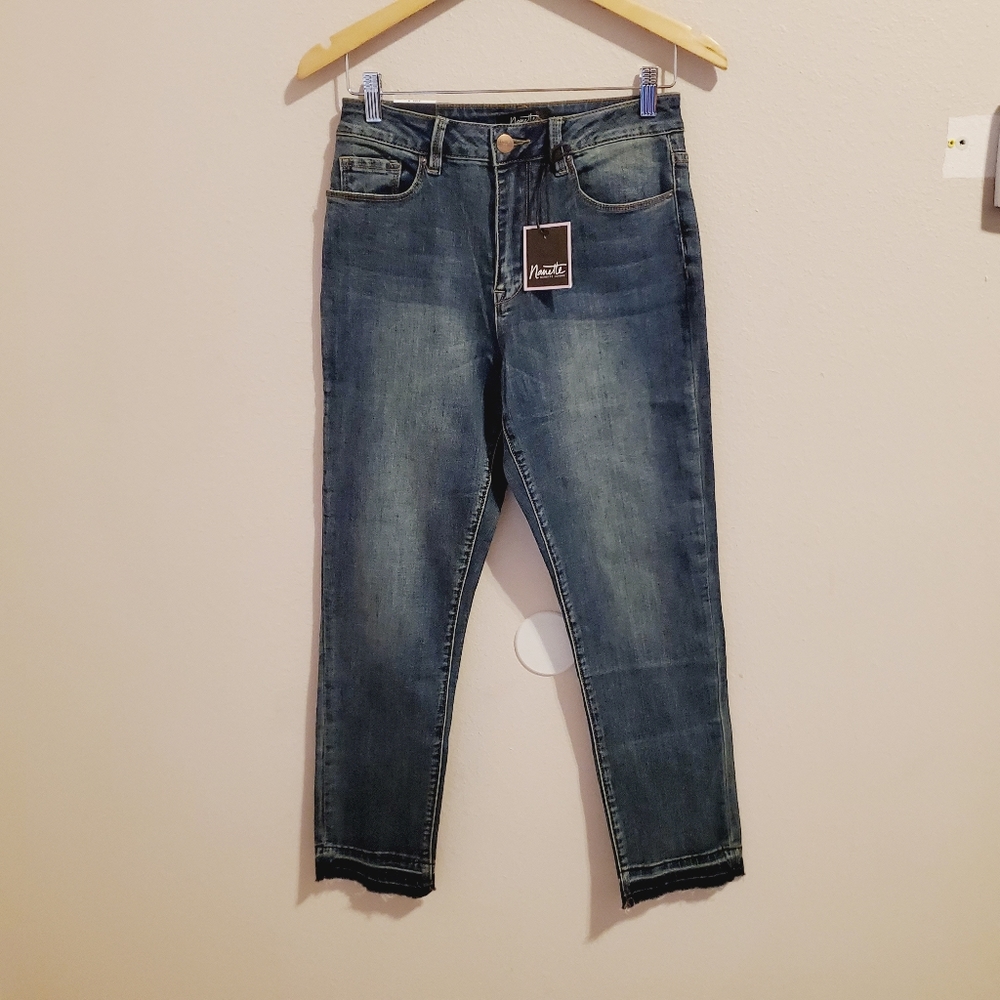 Nanett Lapore blue high rise raw hem mom straight leg jeans